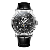 Reef Tiger RGA1963 Men's Multifunction Business Luxury Moon Phase Automatic Watch - Black Dial/Calfskin Strap