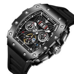 REEF TIGER RGA3009 All Black Men Fashion Flywheel Skeleton Automatic Mechanical Watches - Multifunctional Day/Date Skeleton Watch