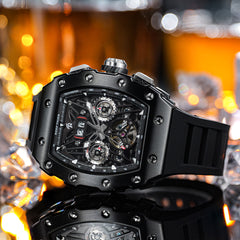 REEF TIGER RGA3009 All Black Men Fashion Flywheel Skeleton Automatic Mechanical Watches - Multifunctional Day/Date Skeleton Watch