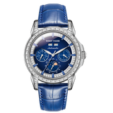 Luxury Zirconia Bezel & Blue Dial Men 24 Hour Moon Phase Dress Business Watch - Reef Tiger Classics RGA1988