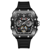 REEF TIGER RGA3009 All Black Men Fashion Flywheel Skeleton Automatic Mechanical Watches - Multifunctional Day/Date Skeleton Watch