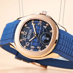 Reef Tiger RGA1805 Luxury Mens Rose Gold Square Multifunction Automatic Watch - 39mm Blue Dial & Rose Gold Case Watch