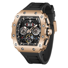REEF TIGER RGA3009 Rose Gold Men Skeleton Automatic Tonneau Wristwatch - Multifunctional Date Luminous Waterproof Watch