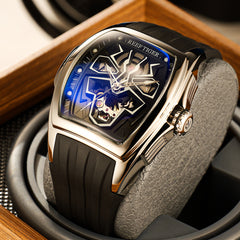 Reef Tiger RGA3061-LEO Luxury Mens Skeleton Tonneau Automatic Mechanical Watch For Men - 50M Waterproof Super Luminous Watch