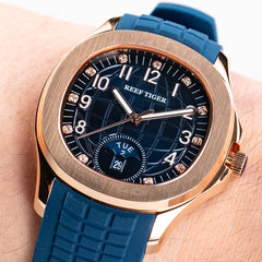 Reef Tiger RGA1805 Luxury Mens Rose Gold Square Multifunction Automatic Watch - 39mm Blue Dial & Rose Gold Case Watch