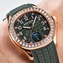 Reef Tiger RGA1805 39mm Square Automatic Mechanical Green Dial Watch - 50M Waterproof Multi Dial Week,Date Diamonds Bezel