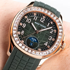Reef Tiger RGA1805 39mm Square Automatic Mechanical Green Dial Watch - 50M Waterproof Multi Dial Week,Date Diamonds Bezel