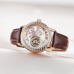 Best Affordable Rose Gold Zirconia Automatic White Dial Dress Tourbillon Style Watches For Men - OBLVLO VMQ
