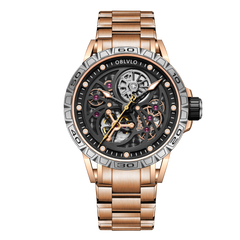 OBLVLO LMS Affordable Luxury Rose Gold Skeleton Mechanical Watches - Fashion Mens Rubber/Leather Strap Waterproof Watch