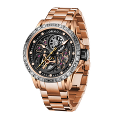 OBLVLO LMS Affordable Luxury Rose Gold Skeleton Mechanical Watches - Fashion Mens Rubber/Leather Strap Waterproof Watch