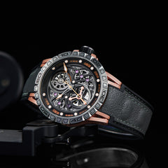 OBLVLO LMS Affordable Luxury Rose Gold Skeleton Mechanical Watches - Fashion Mens Rubber/Leather Strap Waterproof Watch