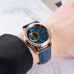 Best Affordable Luxury Rose Gold Zirconia Automatic Tourbillon Style Blue Dial Dress Watches For Men - OBLVLO VMQ Series