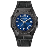 Reef Tiger RGA6903 Black Case Men Mechanical Watches Leather/Rubber/Stainless Steel Diving Watch - Blue Dial & 200M Waterproof