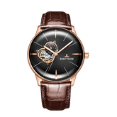 Reef Tiger RGA8239 Men's Business Automatic Mechanical Watch - Fashion Rose Gold Case and Black Tourbillon Style Dial Design