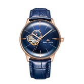 Reef Tiger Classic RGA8239 Business Casual Style Automatic Watch For Men - Rose Gold Case and Blue Tourbillon Style Dial Design