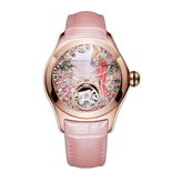 Reef Tiger Elegant Women's Automatic Watch - Luxury Pink Diamond Skeleton Citron Crested Cockatoo Rose Gold Watch - Aurora Parrots RGA7015