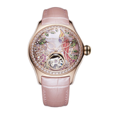 Reef Tiger RGA7015 Elegant Pink Color Ladies' Mechanical Diamond Watch with Tourbillon Style Dial Watch