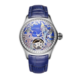 RGA7015 Citron Crested Cockatoo Elegant Women's Automatic Watch - Skeleton Tourbillon Style Dial with Luxury Blue Leather Strap