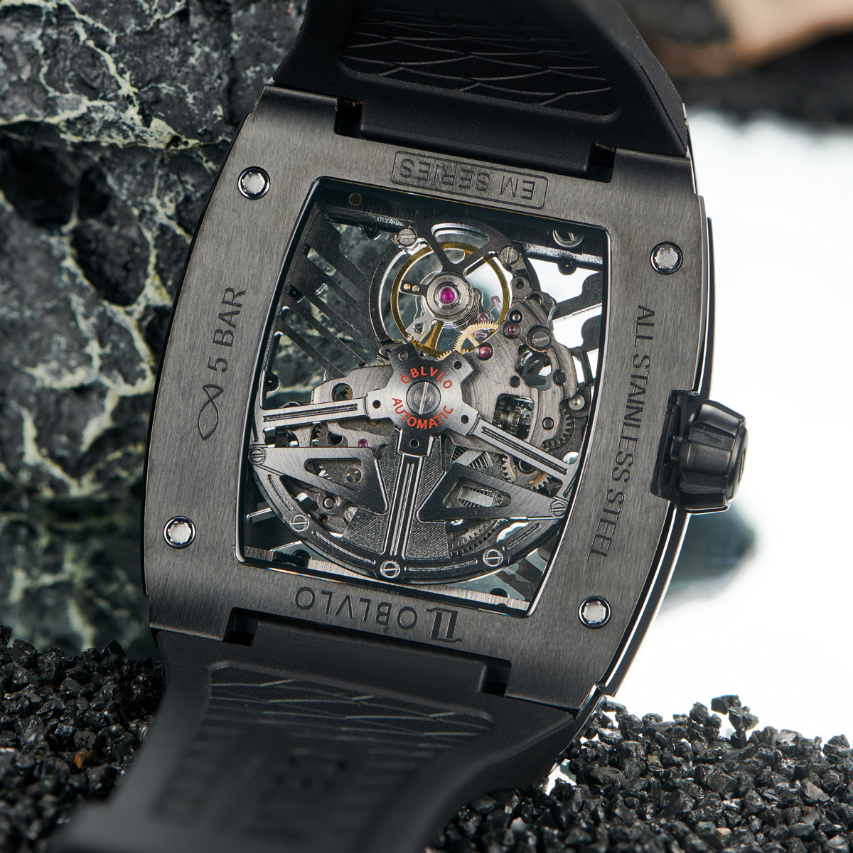 OBLVLO EM-ST Luxury Black Carbon Fiber Skeleton Mechanical Mens Watches