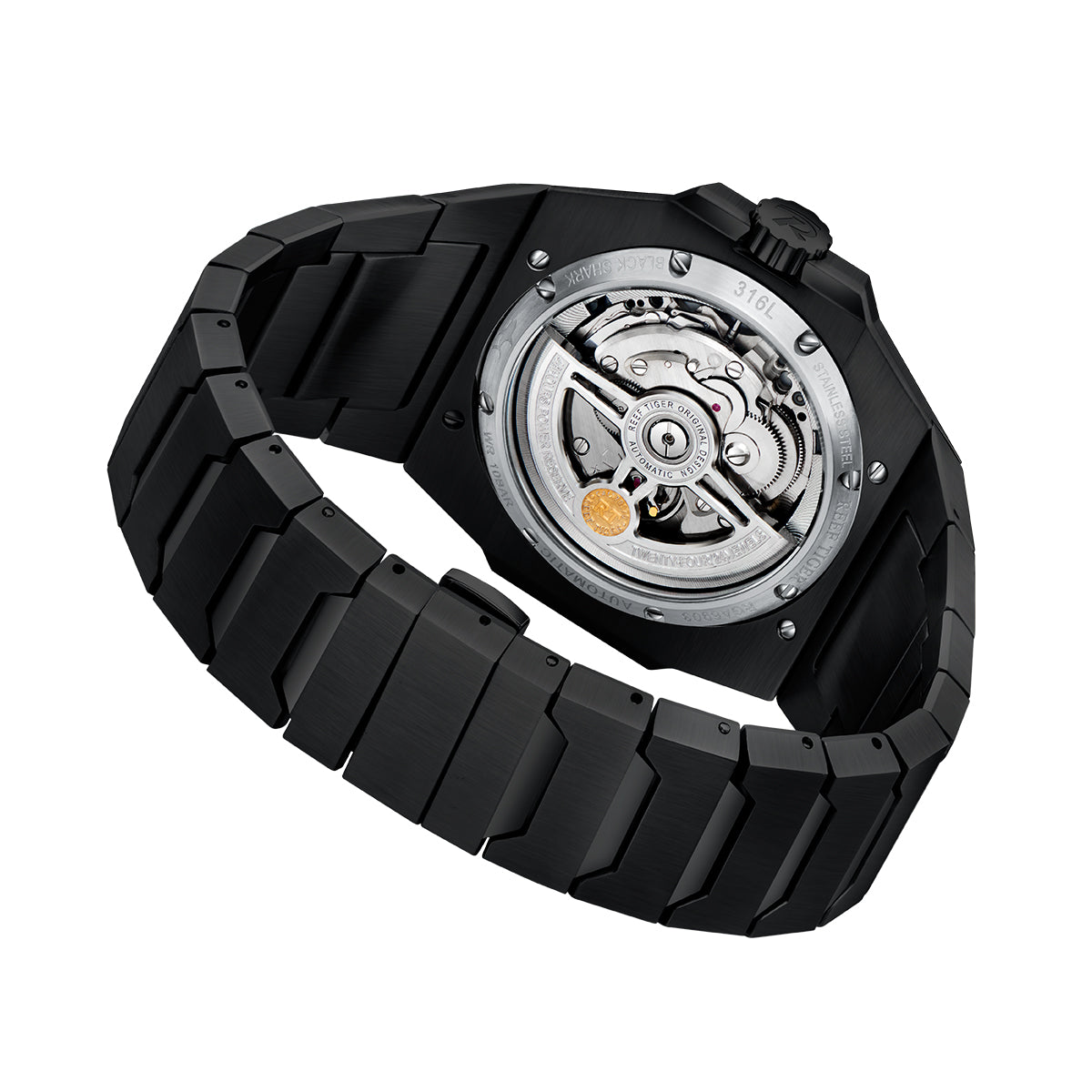 Reef Tiger RGA6903 Black Case Men Mechanical Watches Leather/Rubber/Stainless Steel Diving Watch - Blue Dial & 200M Waterproof