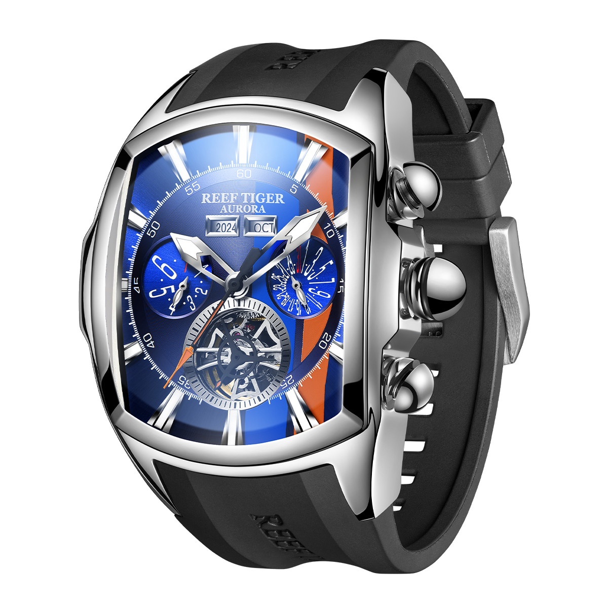 Reef Tiger RGA3069 Men's Tonneau Automatic Watch - Racing Skeleton Automatic Winding Mechanical Waterproof Watches