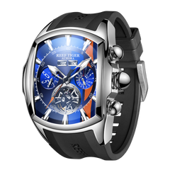 Reef Tiger RGA3069 Men's Tonneau Automatic Watch - Racing Skeleton Automatic Winding Mechanical Waterproof Watches