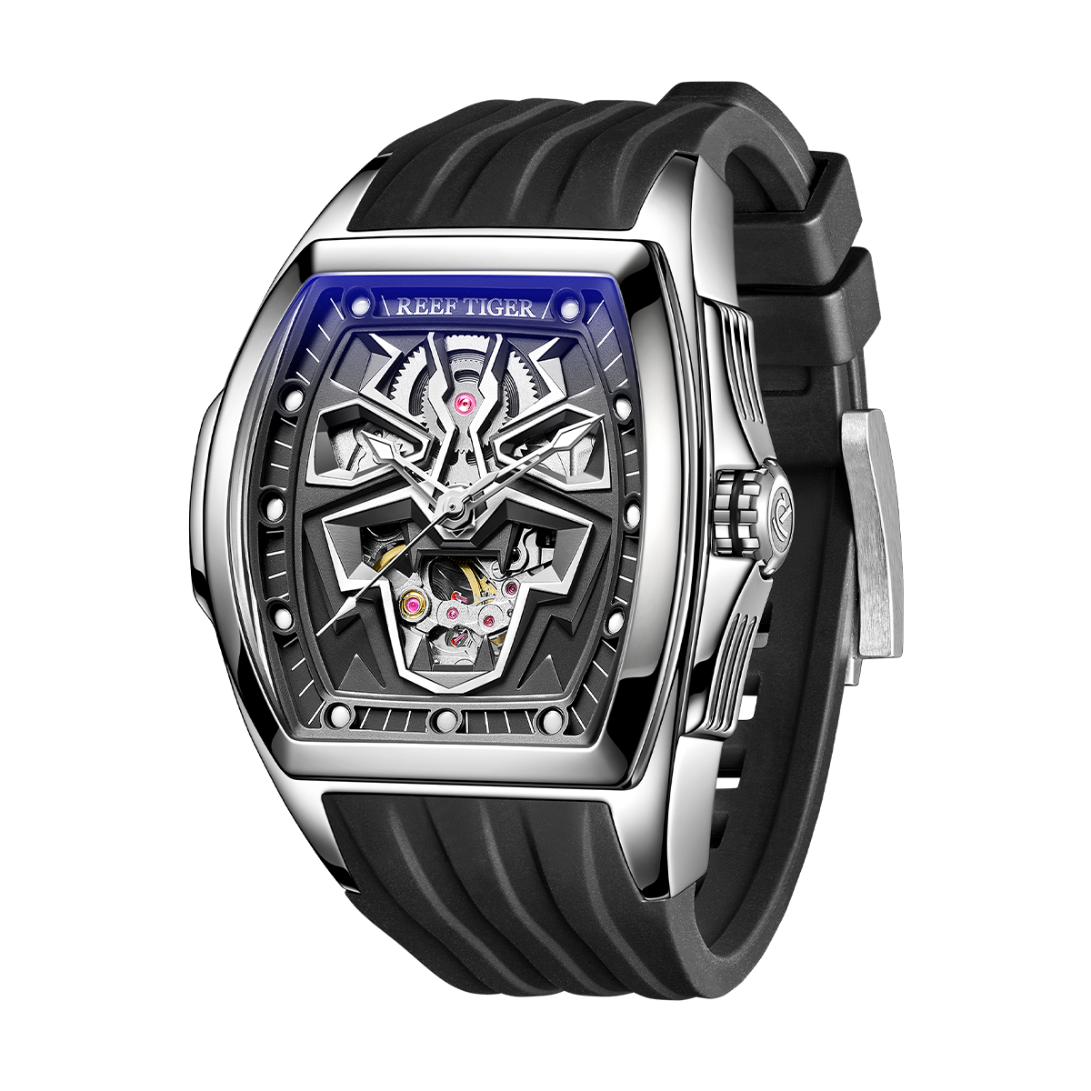 Reef Tiger RGA3061-LEO Luxury Mens Skeleton Tonneau Automatic Mechanical Watch For Men - 50M Waterproof Super Luminous Watch