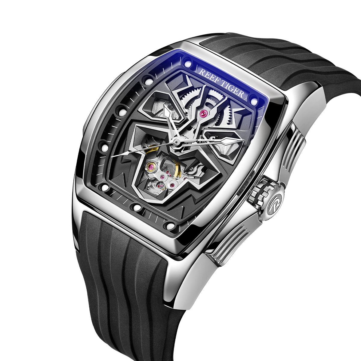 Reef Tiger RGA3061-LEO Luxury Mens Skeleton Tonneau Automatic Mechanical Watch For Men - 50M Waterproof Super Luminous Watch