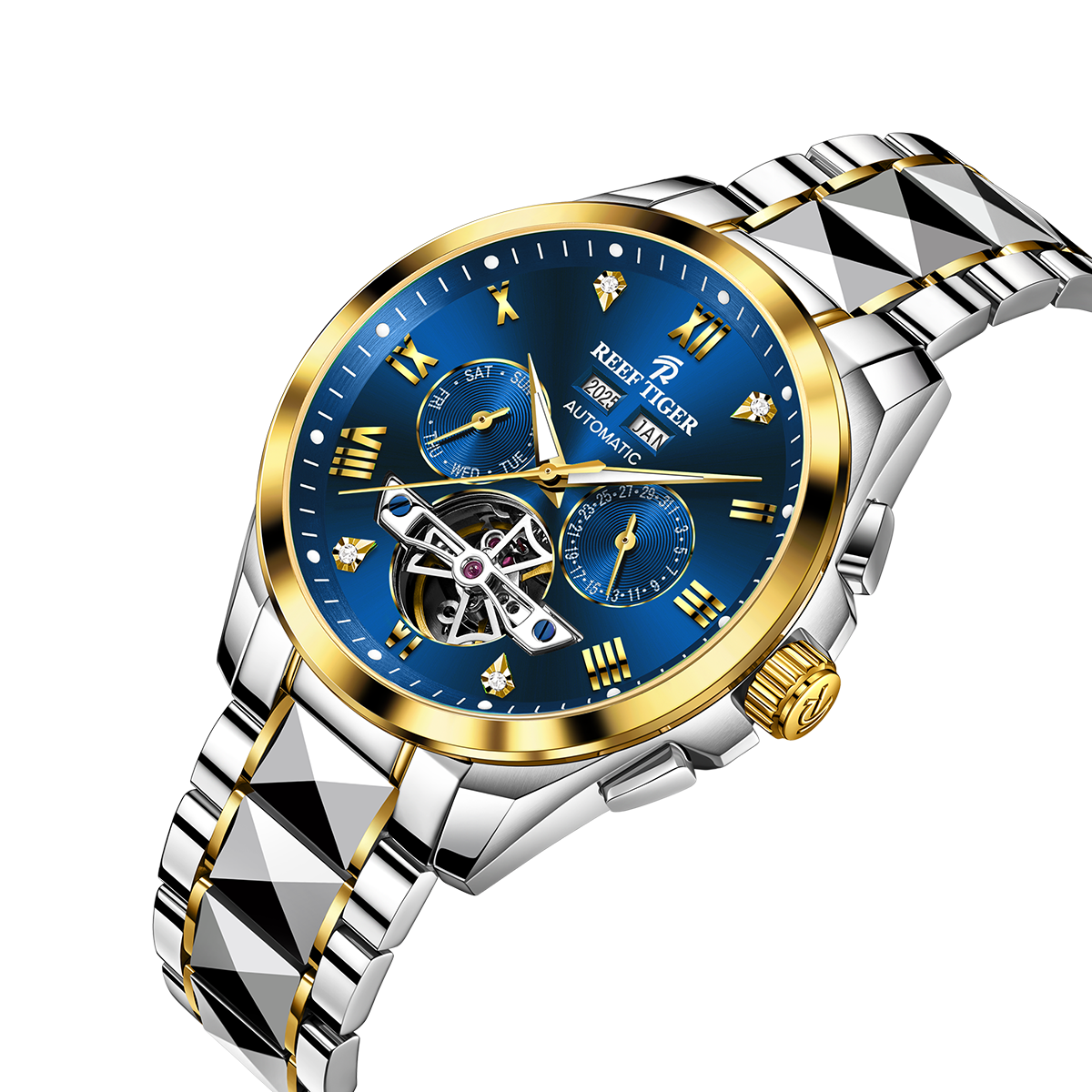 Affordable Reef Tiger RGA8235 Yellow Gold Case & Blue Day Date Dial Automatic Watches