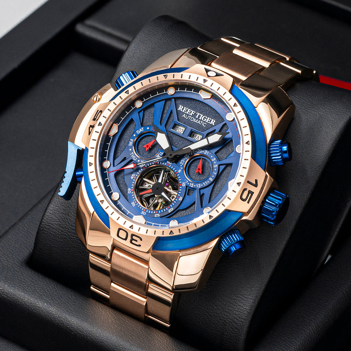 Reef Tiger Aurora RGA3532 Men's Automatic Mechanical Watch - Rose Gold Stainless Steel Case/Strap Wristwatch