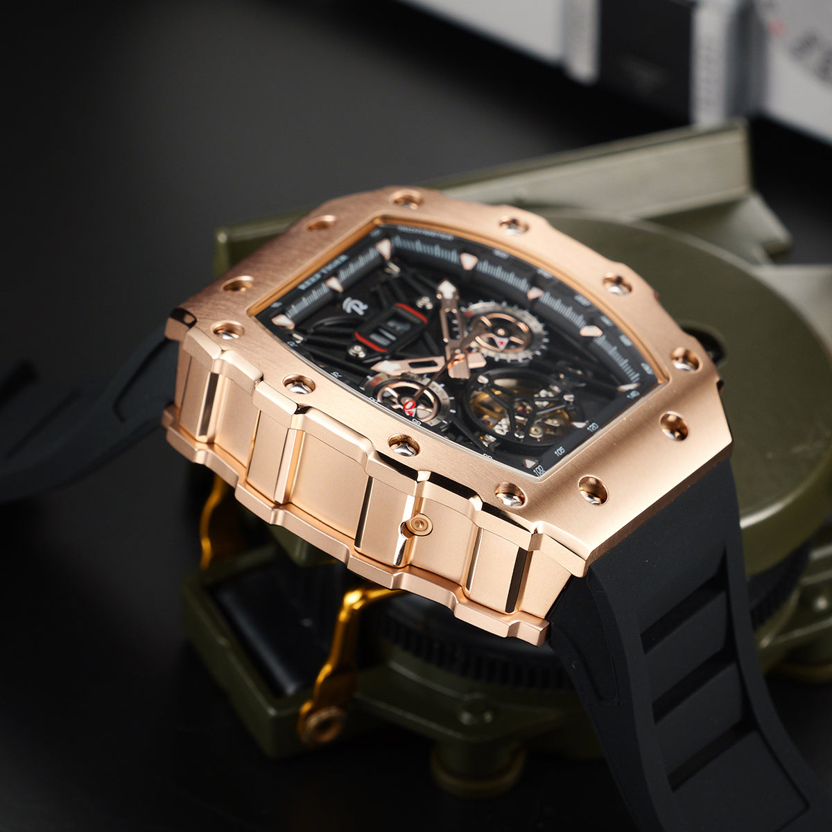 REEF TIGER RGA3009 Rose Gold Men Skeleton Automatic Tonneau Wristwatch - Multifunctional Date Luminous Waterproof Watch