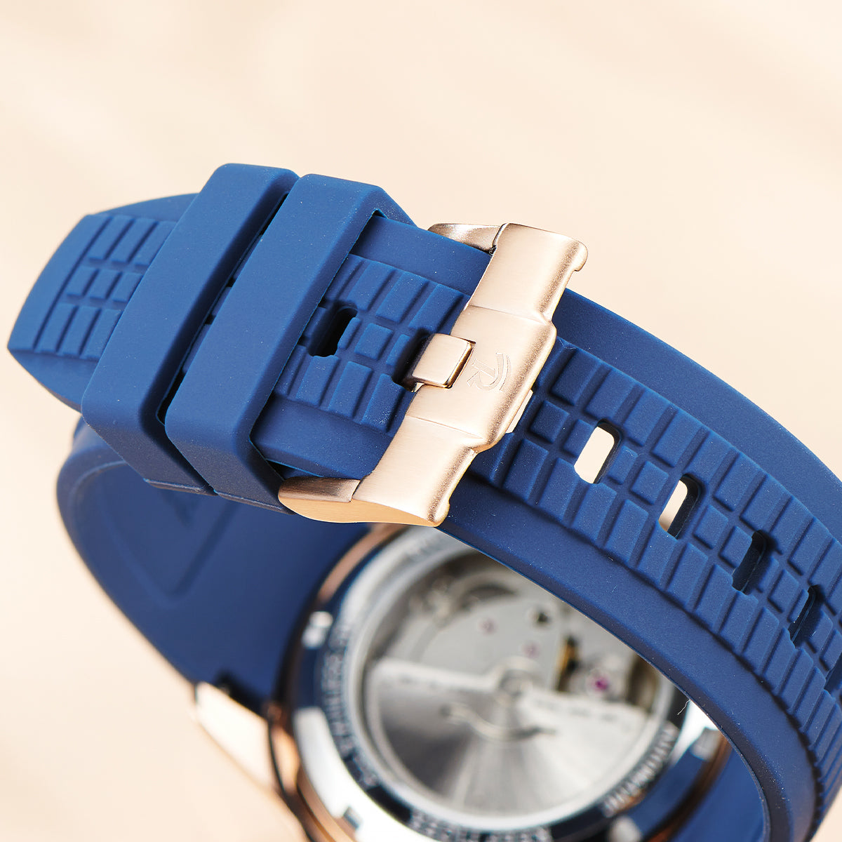 Reef Tiger RGA1805 Luxury Mens Rose Gold Square Multifunction Automatic Watch - 39mm Blue Dial & Rose Gold Case Watch
