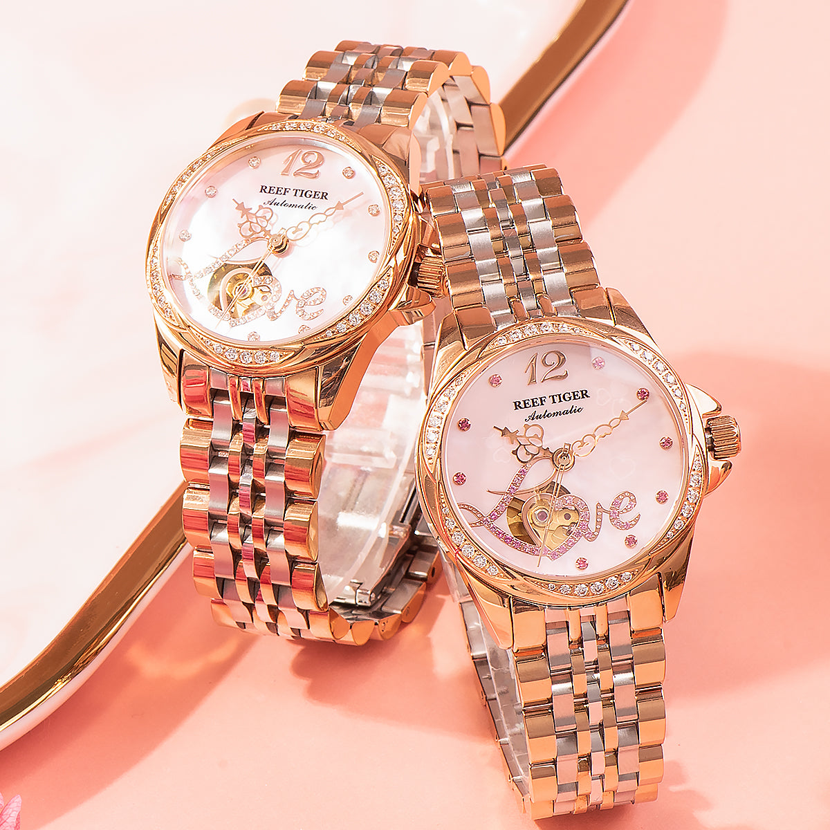 Pink Shell Pattern Dial Diamond Automatic Watch for Women - Fashion Luxury Rose Gold REEF TIGER RGA1583 Women Watches