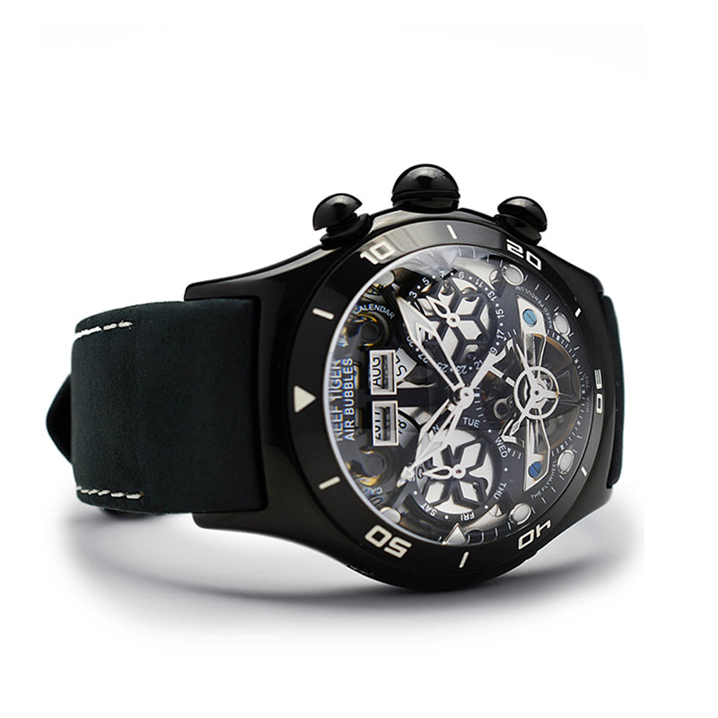 All Black Reef Tiger RGA703 Men Sport Automatic Skeleton Watch with Date Day