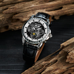 Reef Tiger RGA1988 Watch - Men's Luxury Black Zirconia Bezel & Dial Multifunction Moon Phase Automatic Mechanical Watch