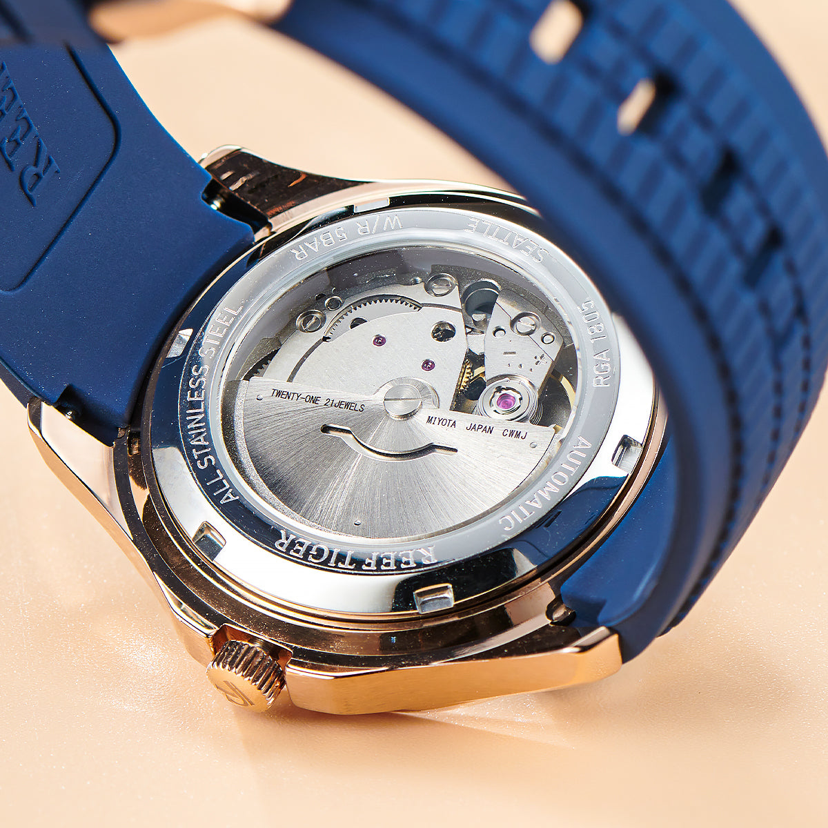 Reef Tiger RGA1805 Luxury Mens Rose Gold Square Multifunction Automatic Watch - 39mm Blue Dial & Rose Gold Case Watch