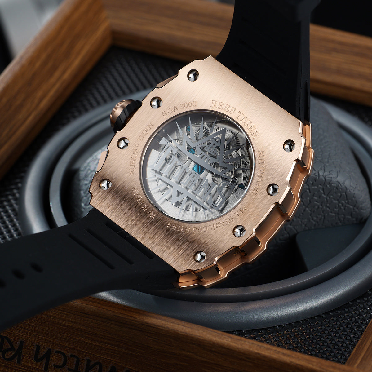 REEF TIGER RGA3009 Rose Gold Men Skeleton Automatic Tonneau Wristwatch - Multifunctional Date Luminous Waterproof Watch