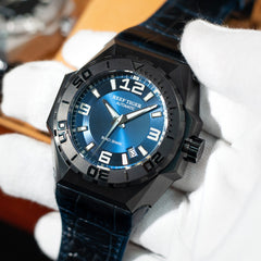 Reef Tiger RGA6903 Black Case Men Mechanical Watches Leather/Rubber/Stainless Steel Diving Watch - Blue Dial & 200M Waterproof