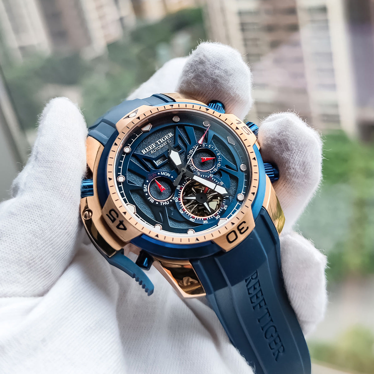 Reef Tiger Aurora RGA3532 Men's Automatic Mechanical Watch - Rose Gold Stainless Steel Case/Strap Wristwatch