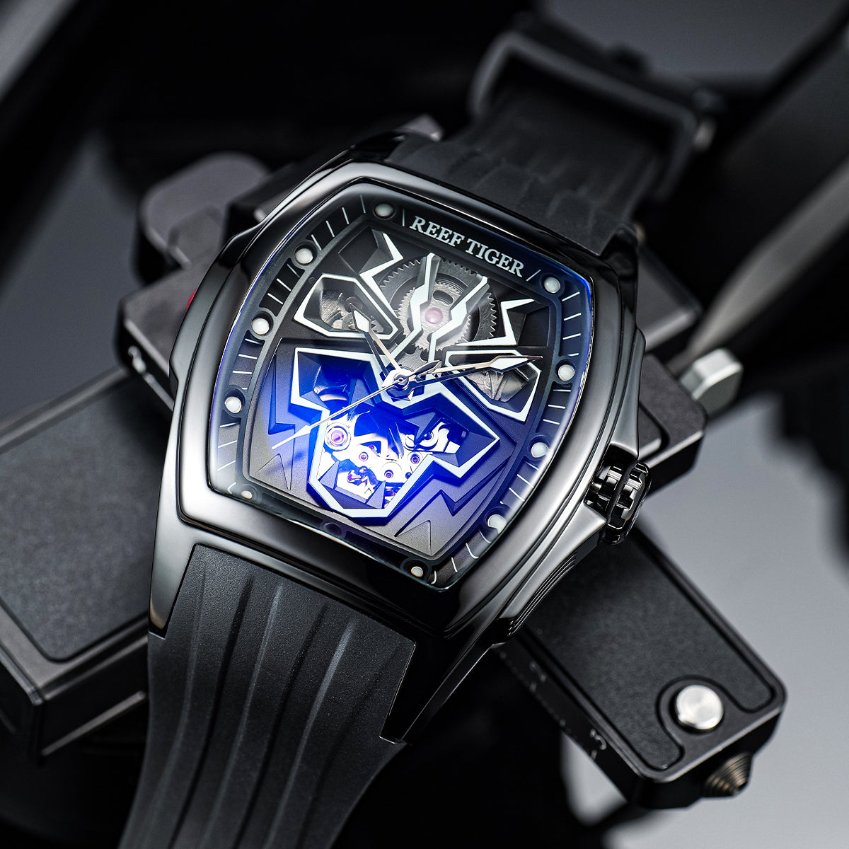 Reef Tiger RGA3061-LEO Hot Trendy Fashion All Black Men Super Luminous Skeleton Automatic Self-Wind Watches