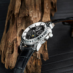 Reef Tiger RGA1988 Watch - Men's Luxury Black Zirconia Bezel & Dial Multifunction Moon Phase Automatic Mechanical Watch