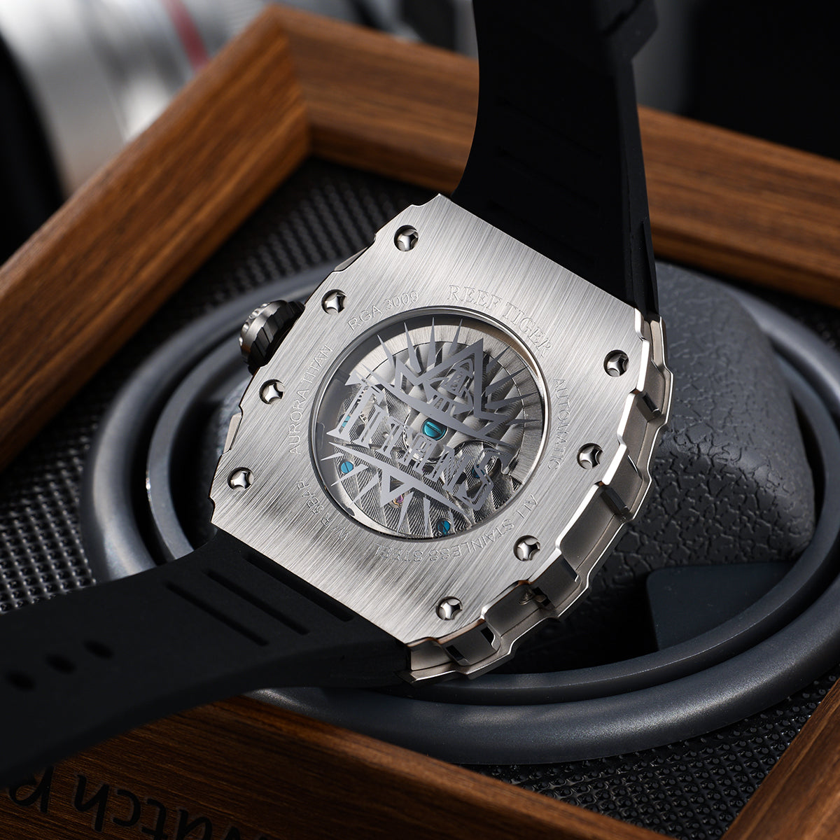 REEF TIGER Aurora RGA3009 Tonneau Automatic Mechanical Watch for Men - Multifunctional Date Luminous Waterproof Flywheel Watch