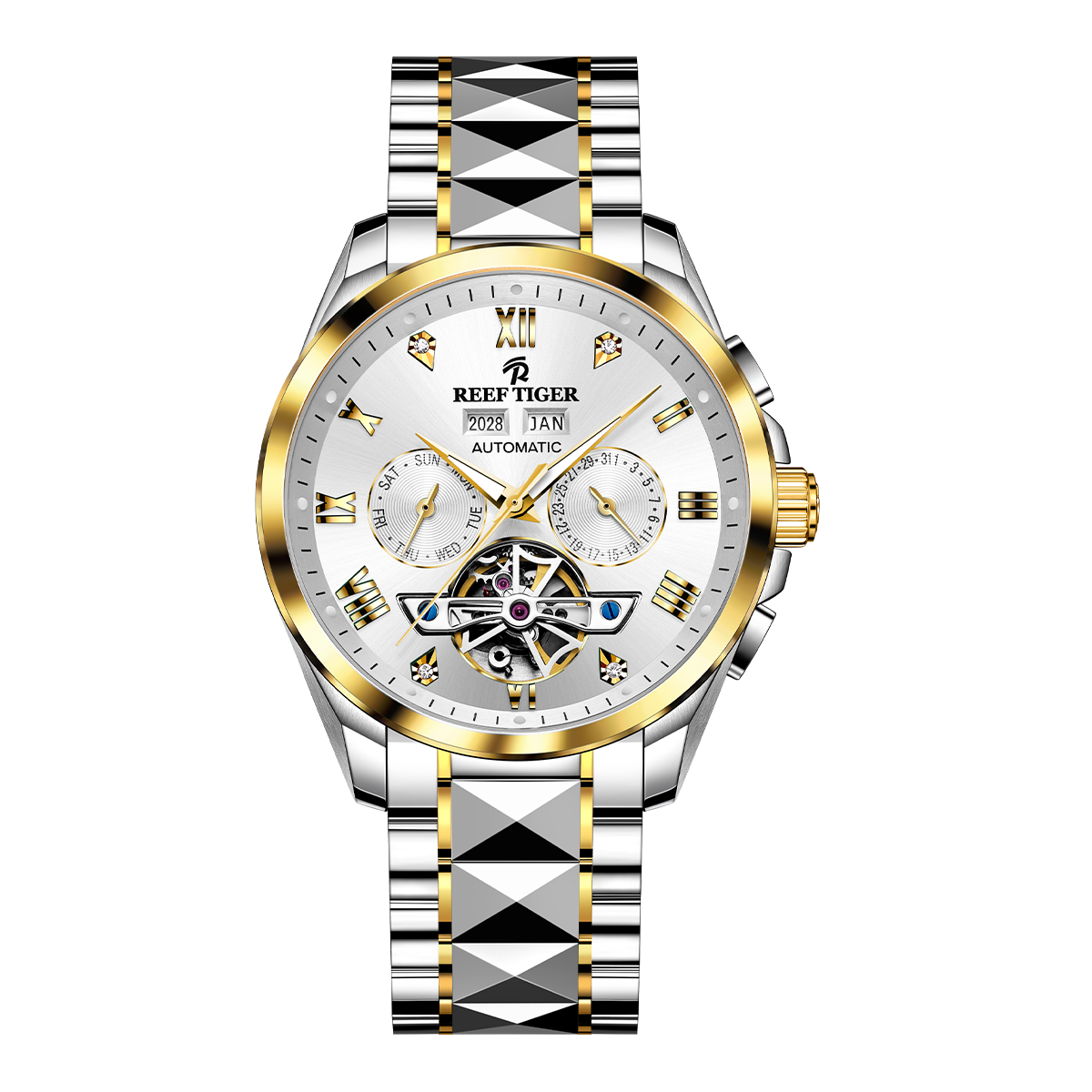 Reef Tiger RGA8235 Classic Dress White Day Date Dial Yellow Gold Case Automatic Men's Watch