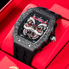 Unique Reef Tiger RGA3009 Chinese Lion Dance Skeleton Black Carbon Fiber Watch