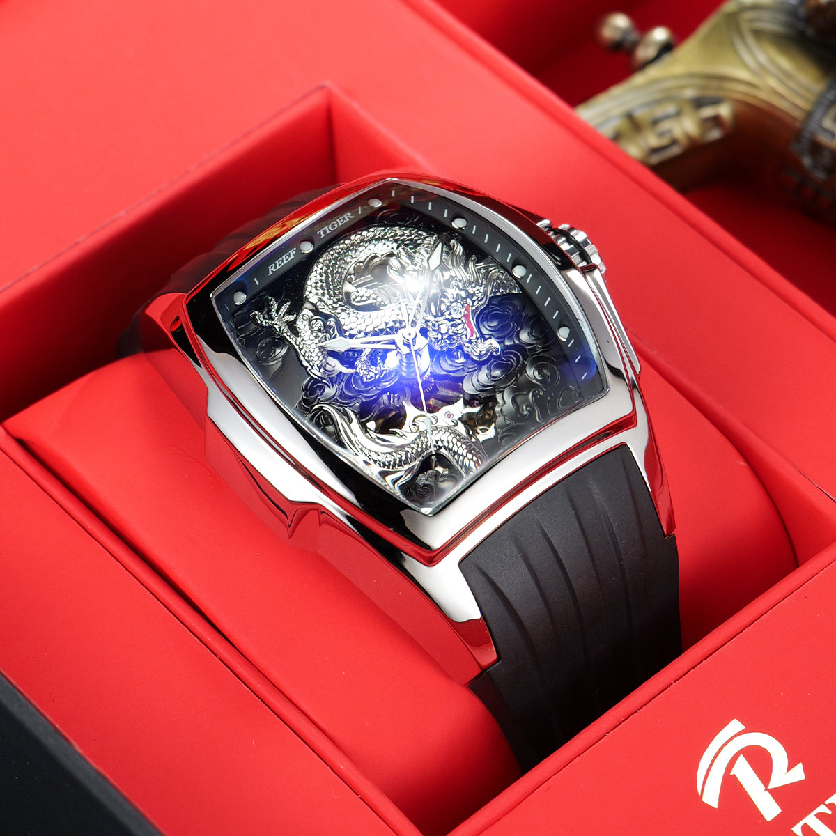 Affordable Luxury Mens Silver Dragon Watches - Reef Tiger RGA3061 Unique Automatic Mechanical Watch