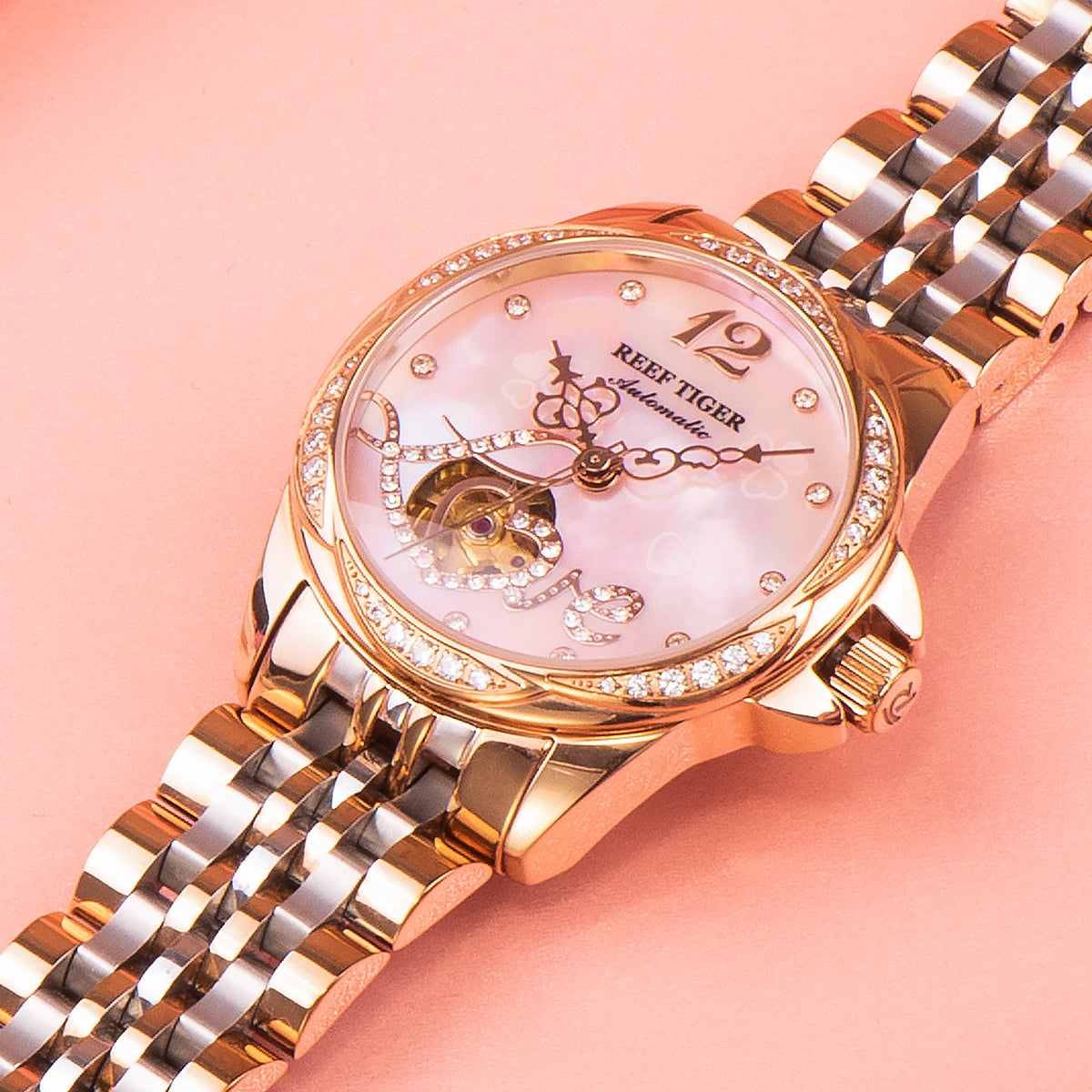 REEF TIGER LOVE RGA1583 Luxury Diamond Automatic Watch for Women - Elegant Rose Gold Stainless Steel Waterproof Ladies Watches