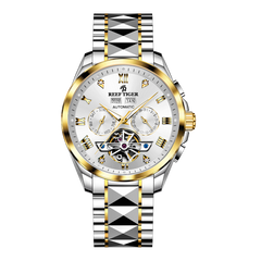 Reef Tiger RGA8235 Classic Dress White Day Date Dial Yellow Gold Case Automatic Men's Watch