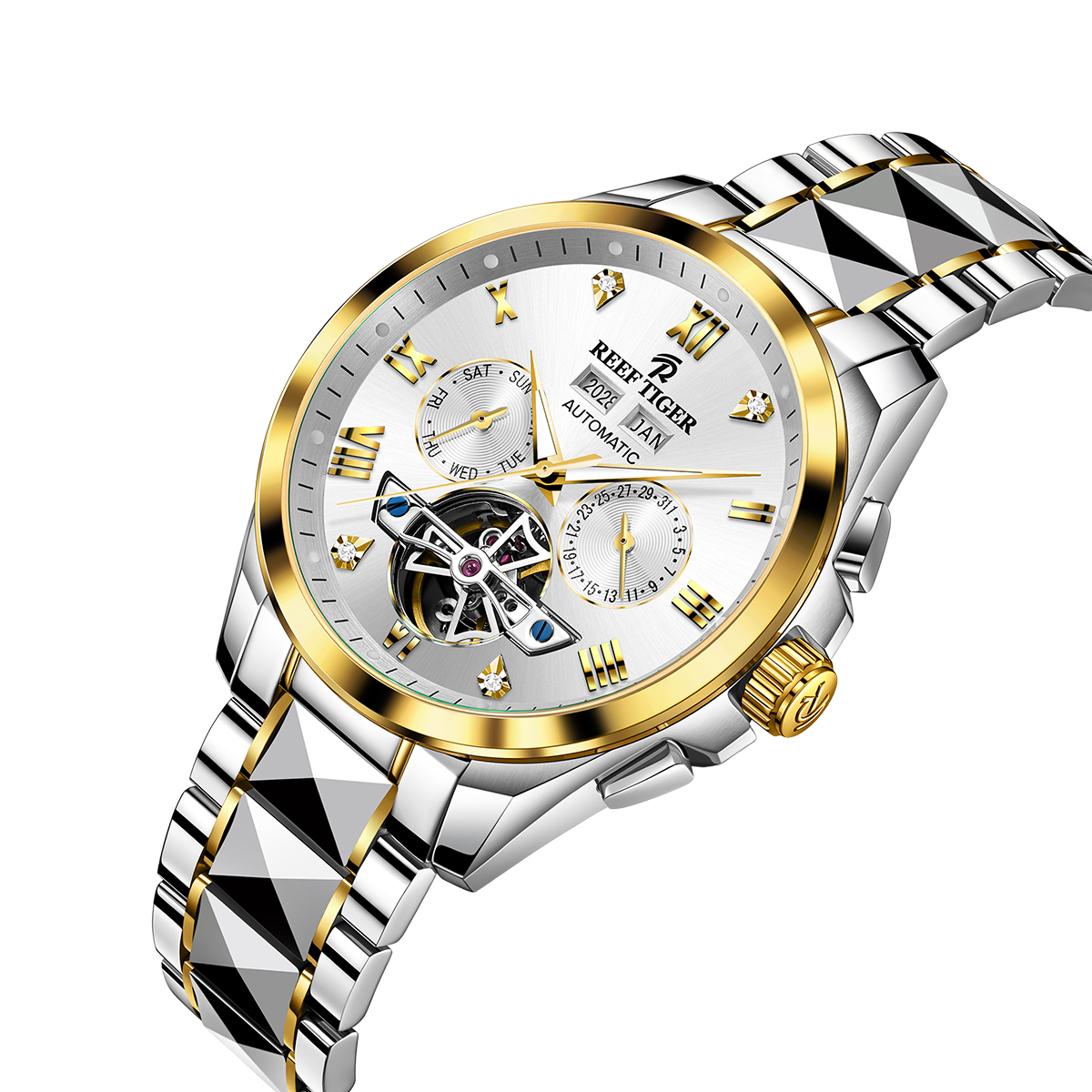 Reef Tiger RGA8235 Classic Dress White Day Date Dial Yellow Gold Case Automatic Men's Watch