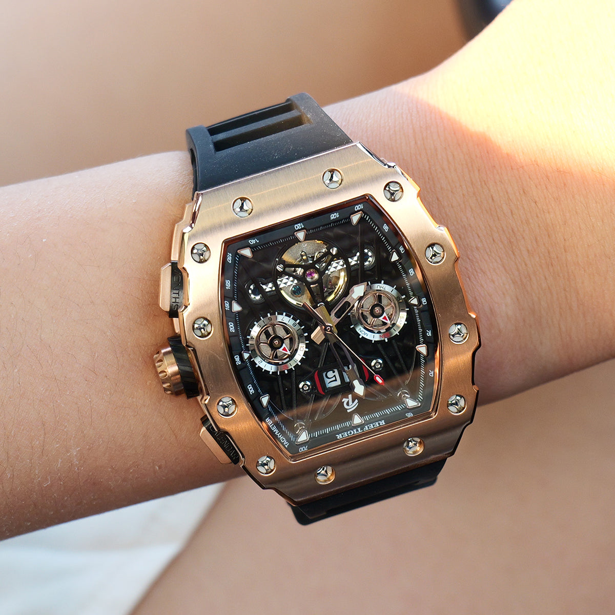 REEF TIGER RGA3009 Rose Gold Men Skeleton Automatic Tonneau Wristwatch - Multifunctional Date Luminous Waterproof Watch