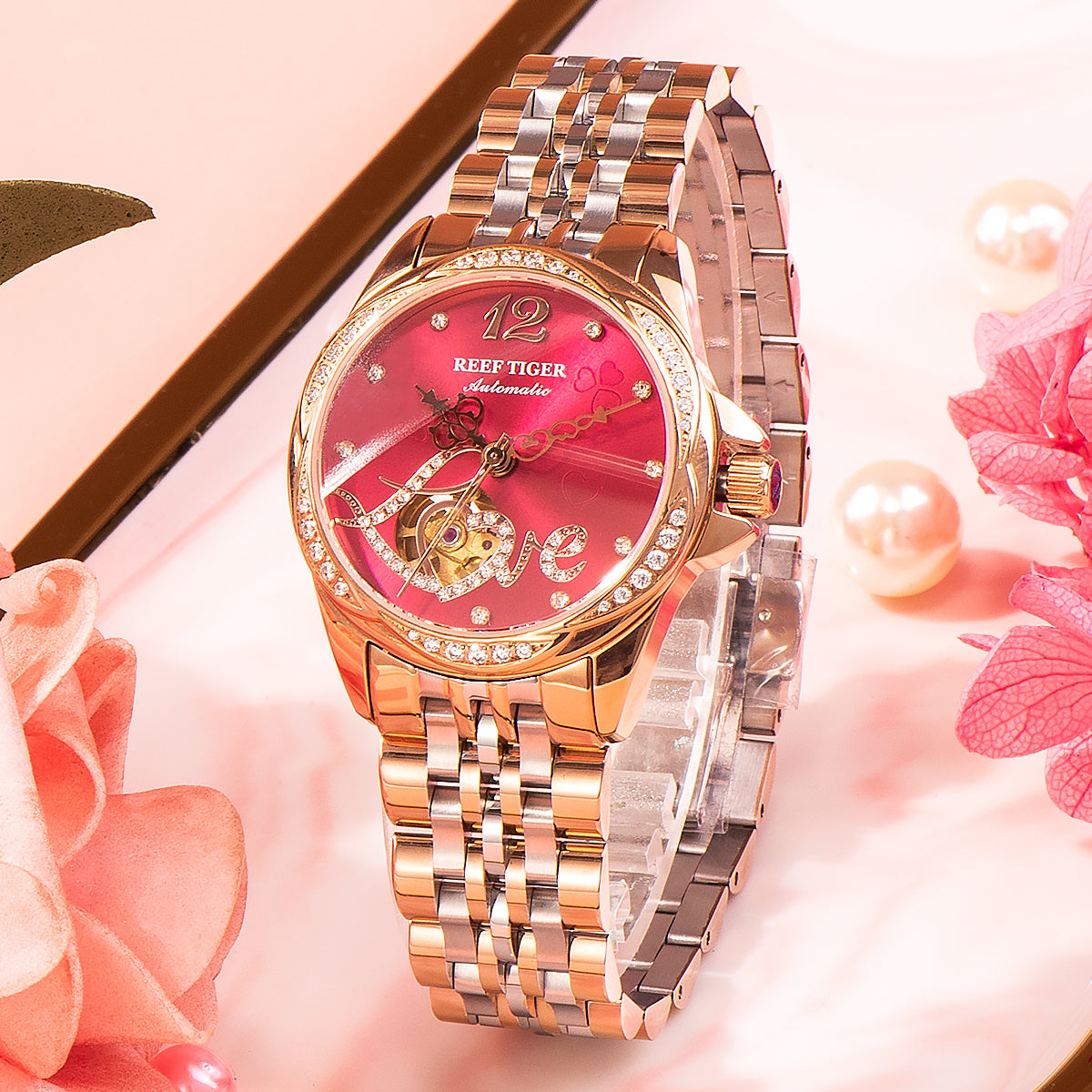 REEF TIGER Original Diamond Watches for Women - Fashion Burgundy Red Dial Luxury RGA1583 Automatic Ladies Dress Watch